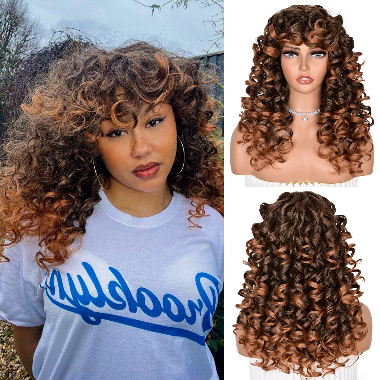 Ombre Brown Curly Wigs for Black Women Long Curly Afro Wig with Bangs for Wom…