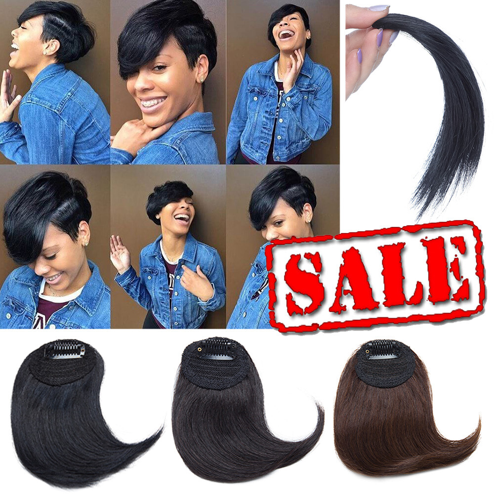 Black REAL Remy Bangs Clip In Human Hair Extensions Side Fringe Front HairPiece