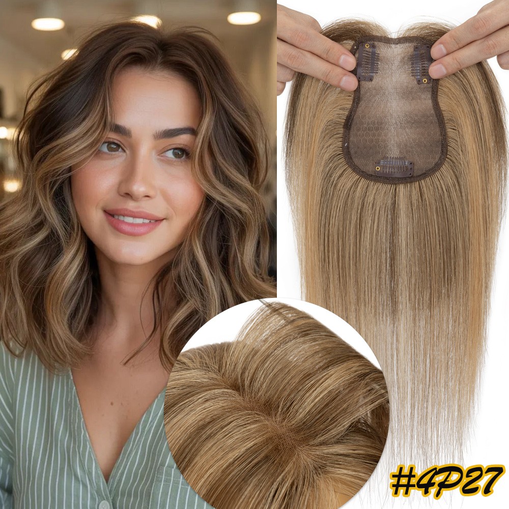 Human Hair Topper Clip in Topper Hairpiece Extension Lace Base With Bangs 8*11cm