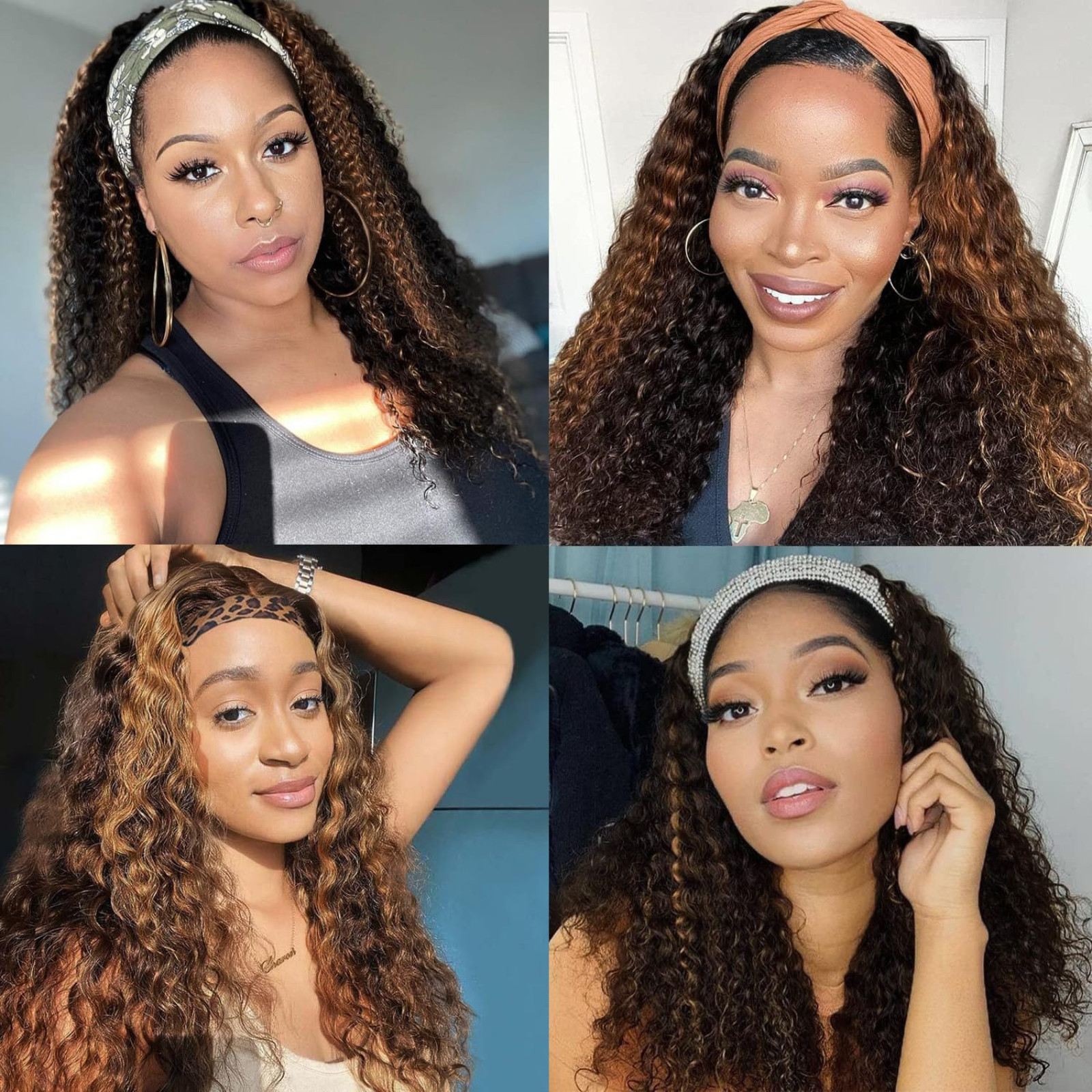Ombre Deep Wave Headband Wig Human Hair #4/27 Curly for Black Women Human 150% D