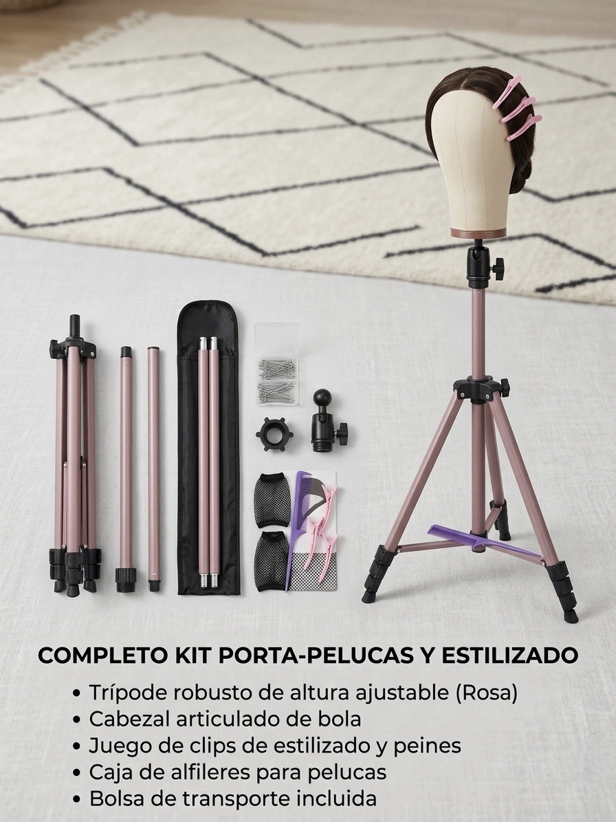 Pink Adjustable Tripod Wig Stand Holder Kit w/ Carry Bag, Clips & Combs