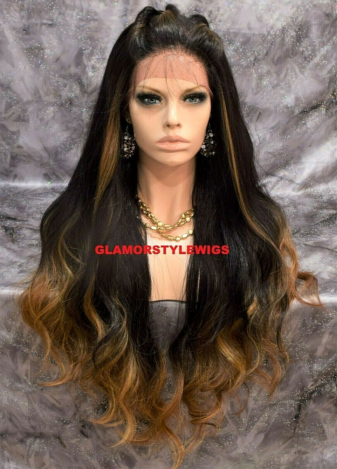 360 Free Part Human Hair Blend Lace Front Wig Long Ombre Brown Golden Blonde Mix