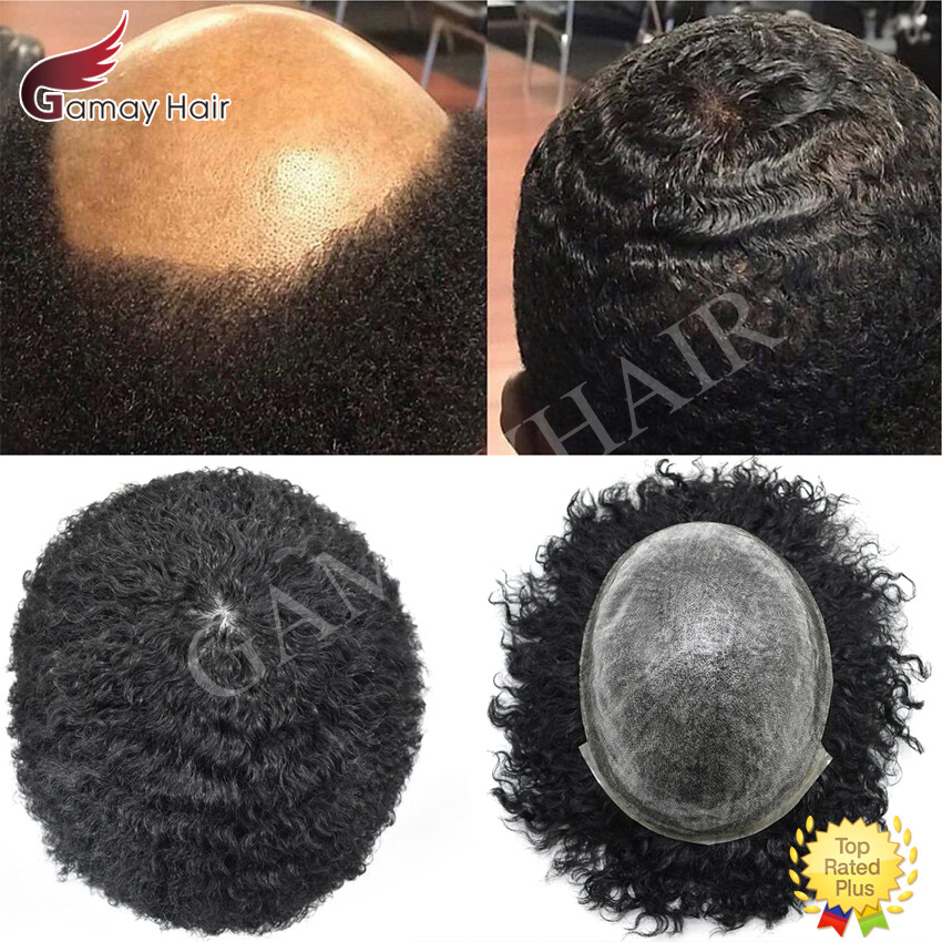 Afro Curl Toupee for Black Men Full Poly Curly Hair System Replacement Mens Wigs