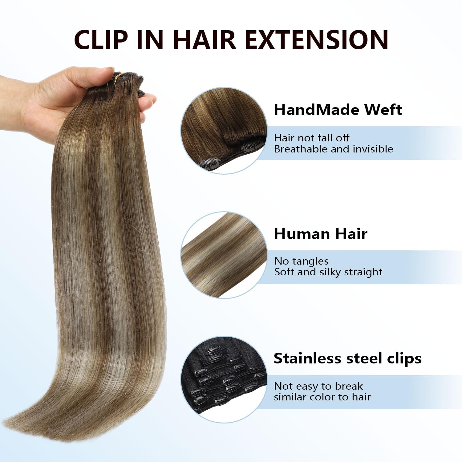 Clip in Hair Extensions Real Human Hair, 18inch 120g 7Pcs 3/8/22 Walnut Brown…