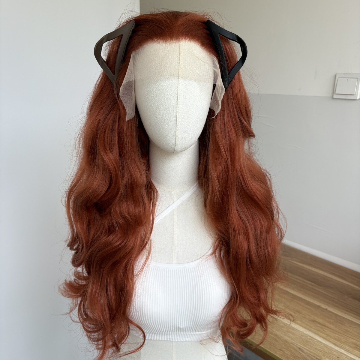 Glue Less Lace Front Wig Copper Red Synthetic Hair Heat Resistant Long Wavy