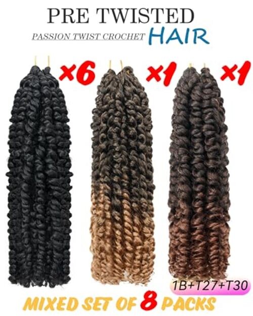 10 Inch 8 Packs Passion Twist Crochet Hair-Mixed 10 Inch (Pack of 8) 1B+T27+T30