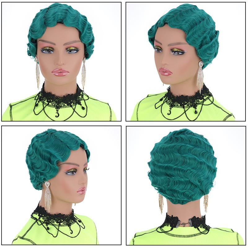 Women’s Short Finger Wave Wig Heat Resistant Synthetic Hair Retro Wavy Wig