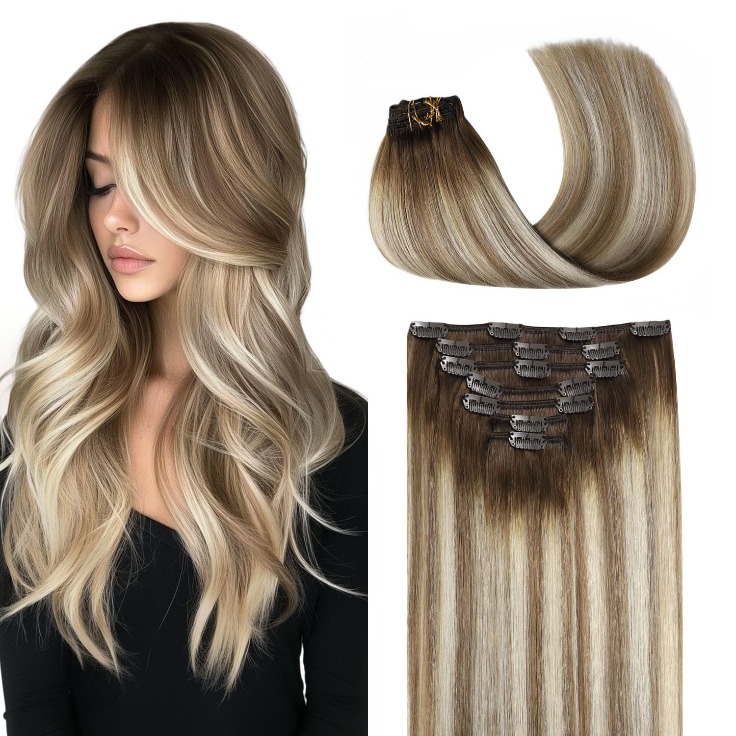 Clip in Hair Extensions Real Human Hair, 18inch 120g 7Pcs 3/8/22 Walnut Brown…