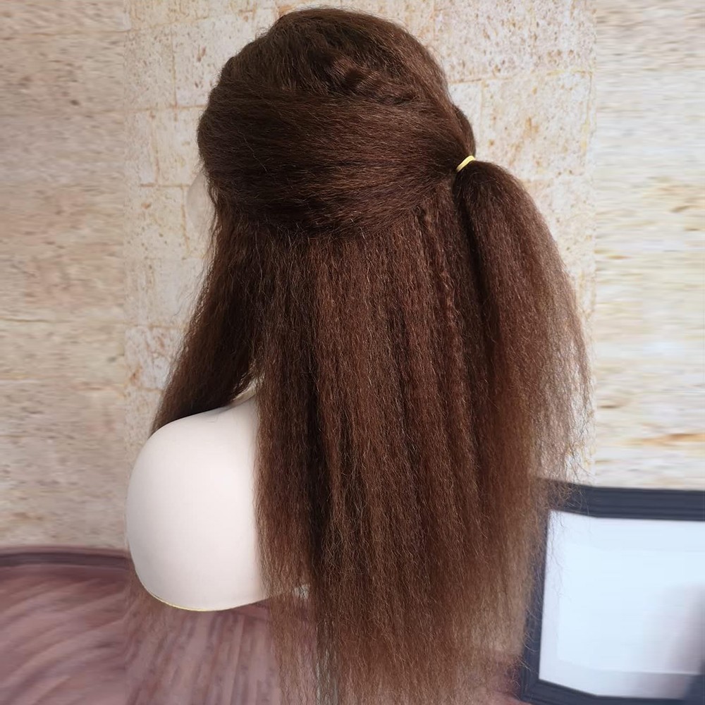 Kinky Straight Brown Hair Blonde Highlights Lace Front Wigs Glueless Natural Wig