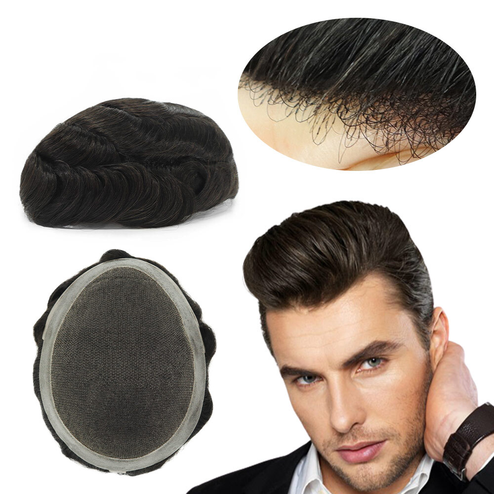 Mens Toupee Hair Replacement System French Lace Poly Skin Human Hairpieces 8×10