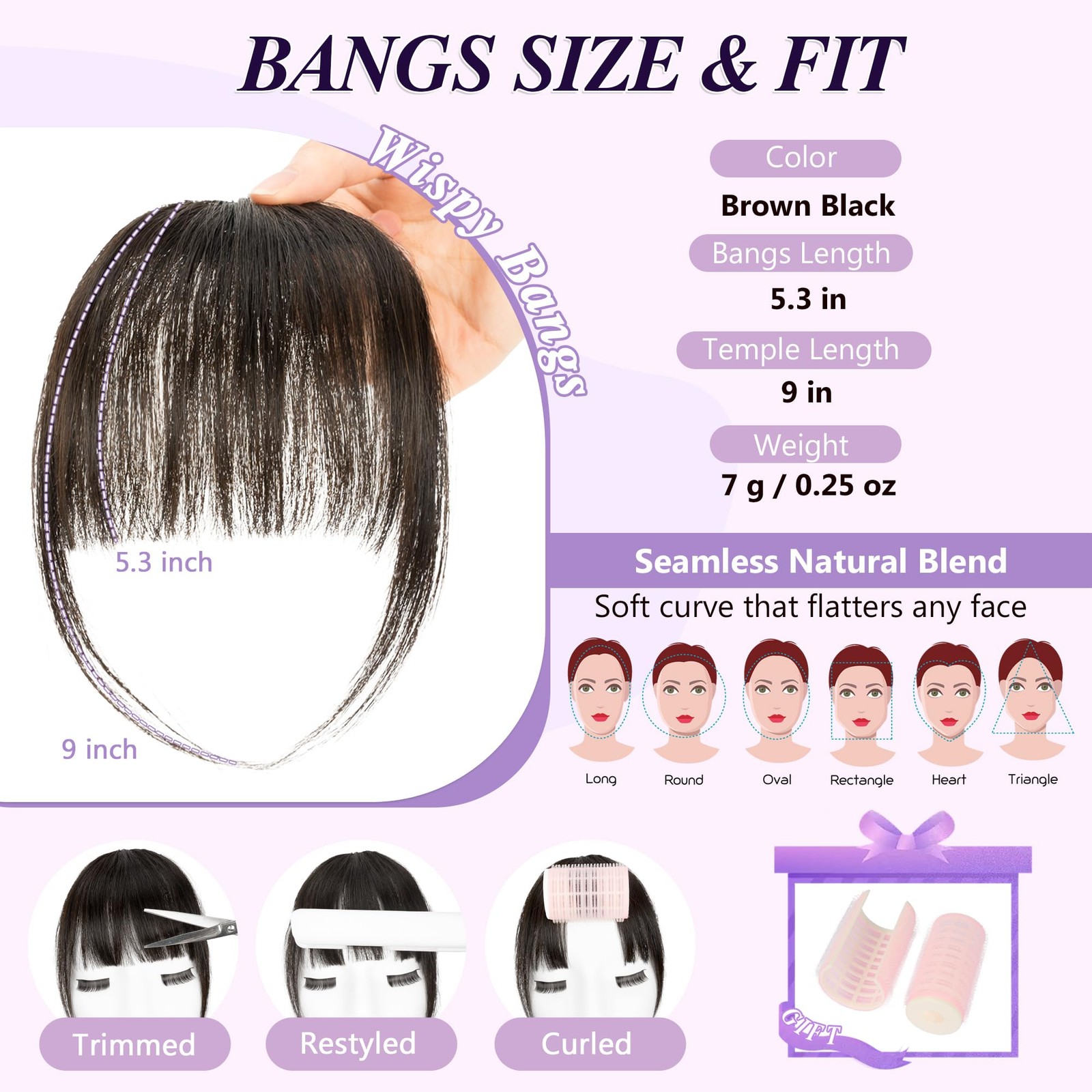 Bangs Hair Clip 100% Human Fringe with Temples Wispy French Brown Black
