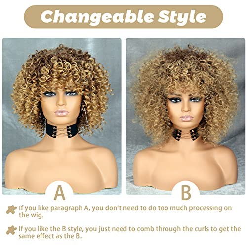 14 inch Blonde Curly Wigs 70s, Kinky Brown Mixd Blonde Afro Blonde Mixed Brown
