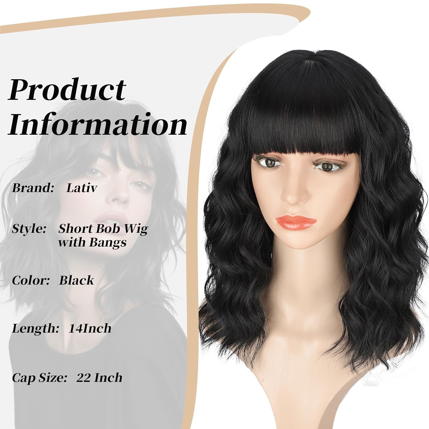 14inch Short Wavy Curly Bob Wig with Bangs Synthetic Hair for Women Black Brown