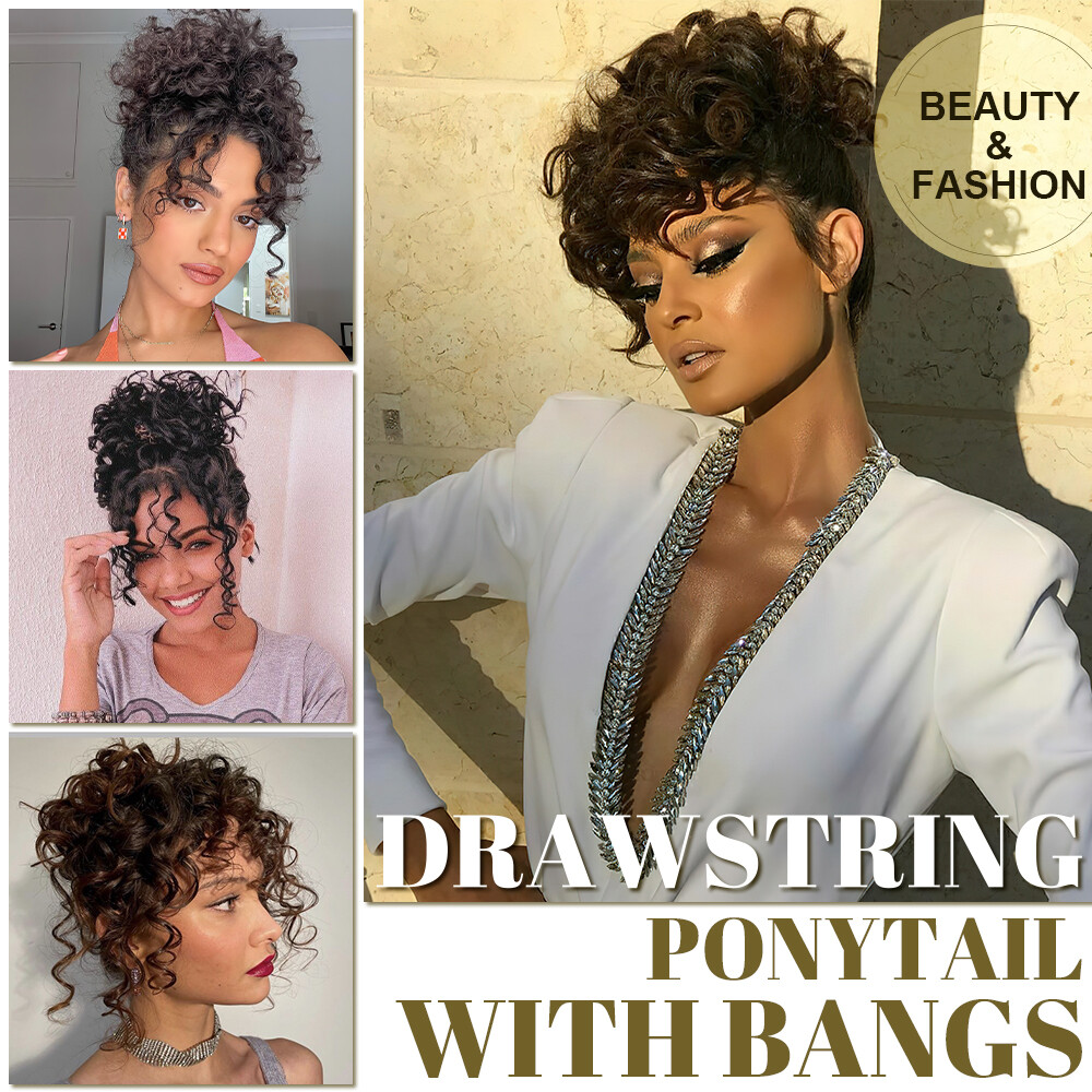 African Short Afro Kinky Curly Ponytail Large Puff Hair Extension Bun With Bangs