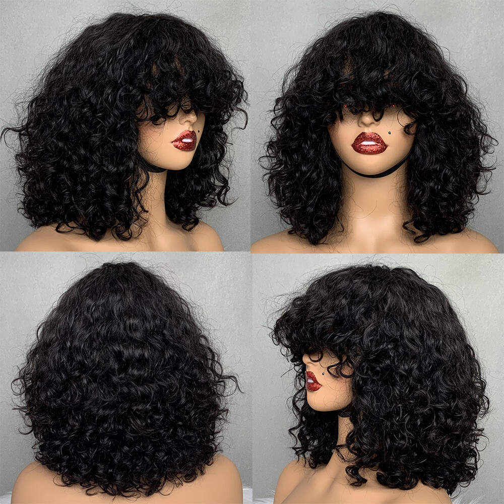 Human Remy Hair Wigs Water Wave Short Curyl Fringe Bob Machine Made Wig