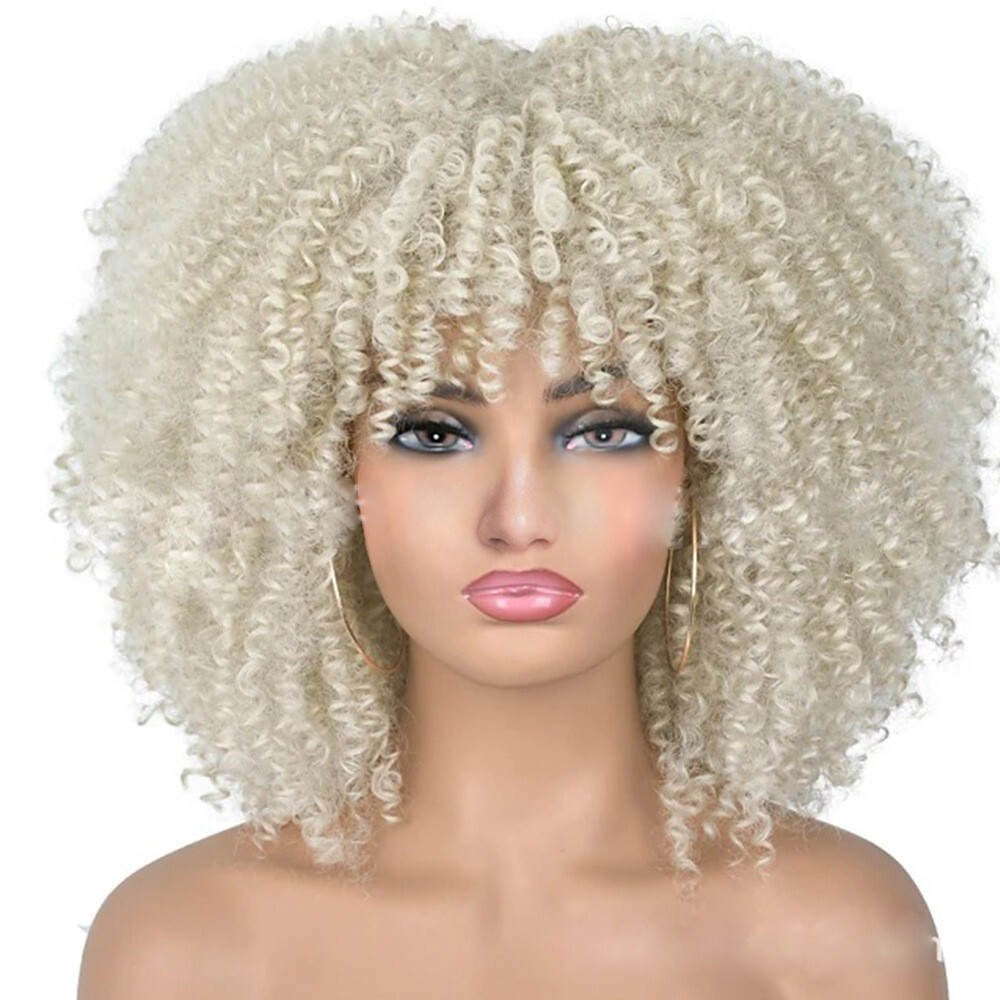 1 Set Hair Afro Kinky Curly Wigs With Bangs Synthetic Blonde Wig Color For Women