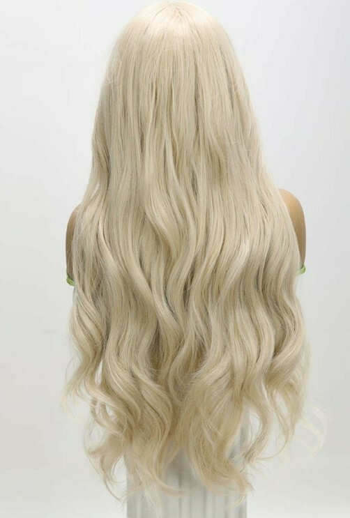 HD Lace Front Wig Light White Blonde Long Layer Human Hair Blend Highlights 30