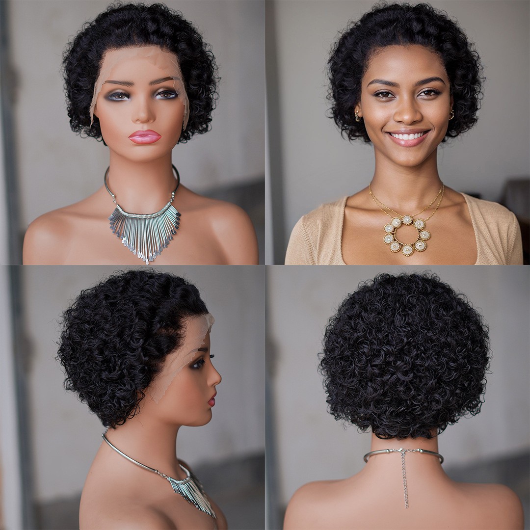 13×4 Lace Front Human Hair Short Curly Pixie Cut Wig For Black Women 200nsity
