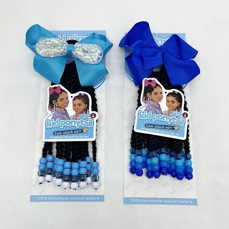 Kids Braided Ponytail Hair Extension Ponytail Clip With Bow And Beads