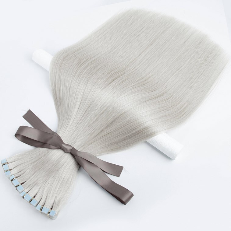 Invisible Tape in 100% Remy Human Hair Extensions Fusion Hair SLIVER Grey 50g