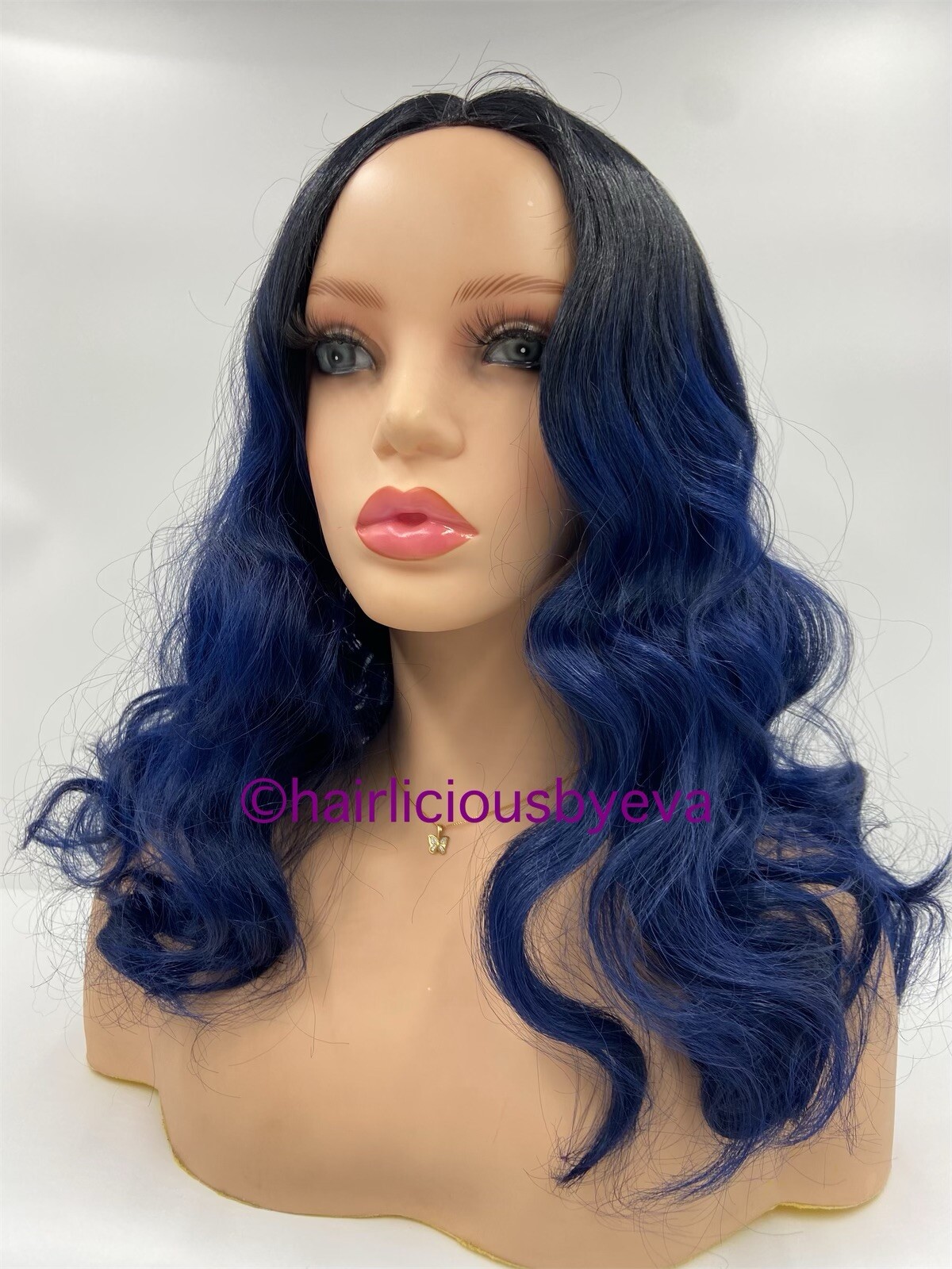 Blue Wig Ombré Black Roots Curly Wavy Hair 18 Inch Long Middle Part Heat Ok