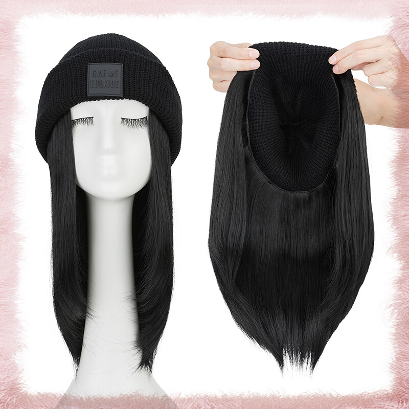 11″ Beanie Hat with Synthetic Hair for Women Hat Wig Knit Beanie Winter Warm Wig