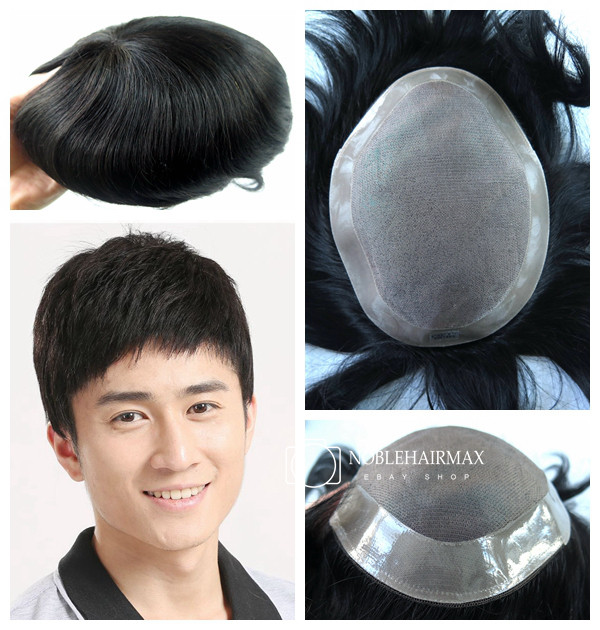 Mens Toupee Fine Mono Hairpiece Hair Replacement System Human Remy Real Hair #1B