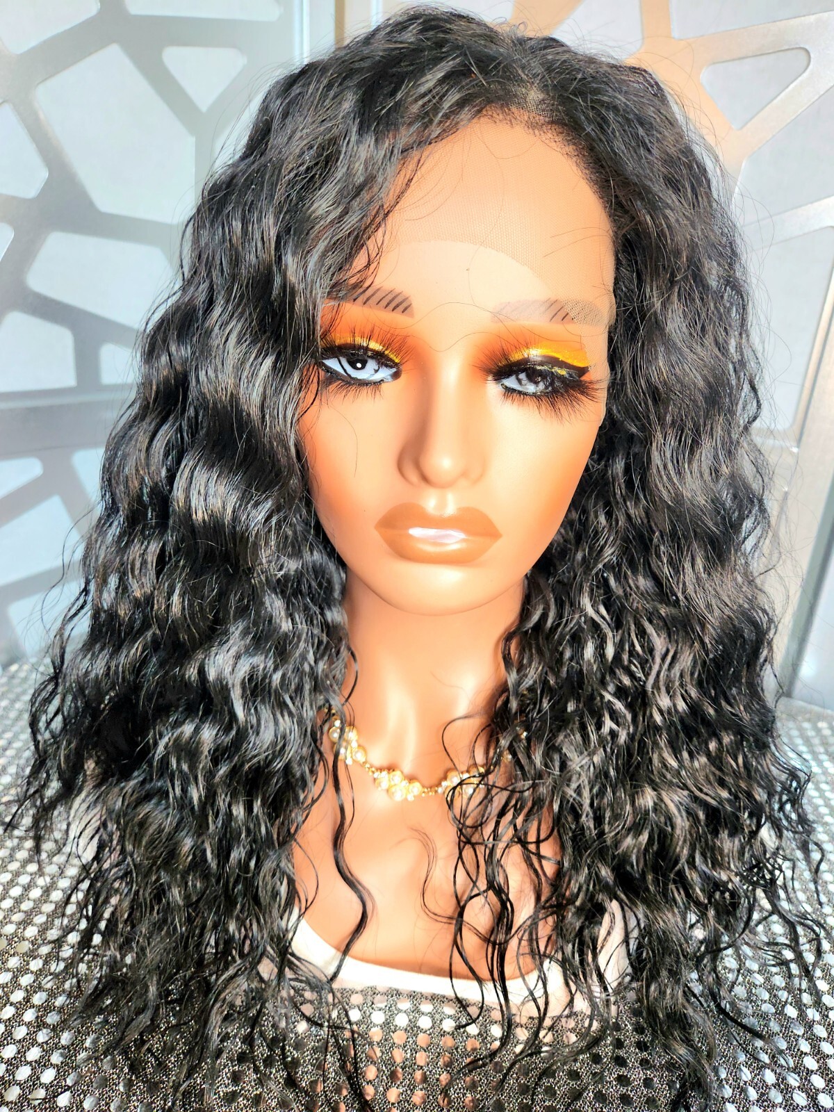 Jet Black Wavy Wig 13×6 Lace Front Human Hair Blend Curly Wig Heat Glueless