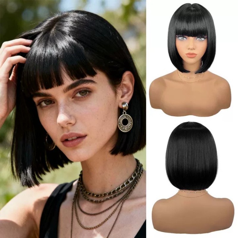 10in Women’s Bob with Bangs Synthetic Wig Heat Resistant Cosplay Party