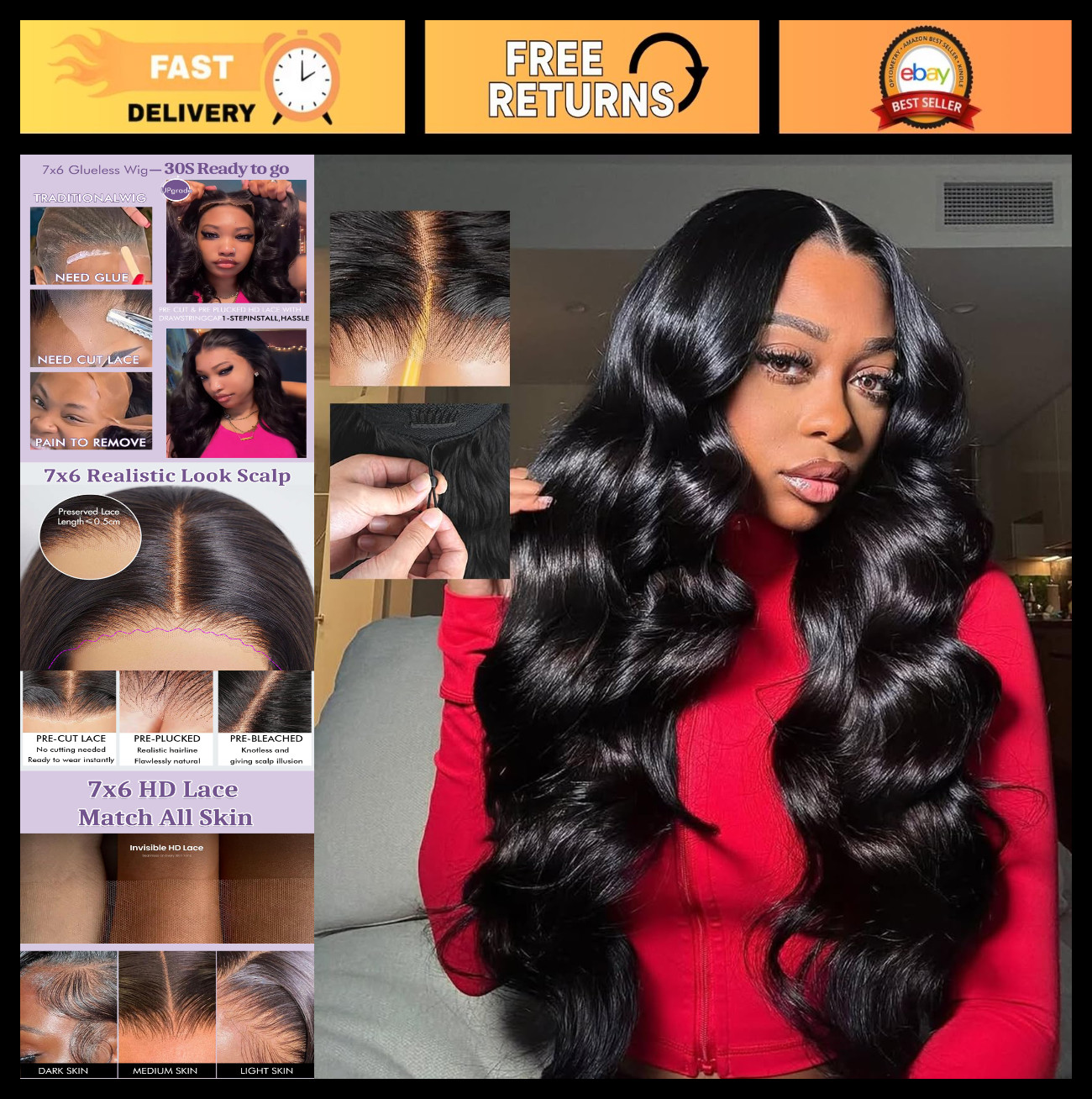26 Inch 7×6 HD Lace Front Glueless Body Wave Wig – Pre Plucked, 250 Density, Nat