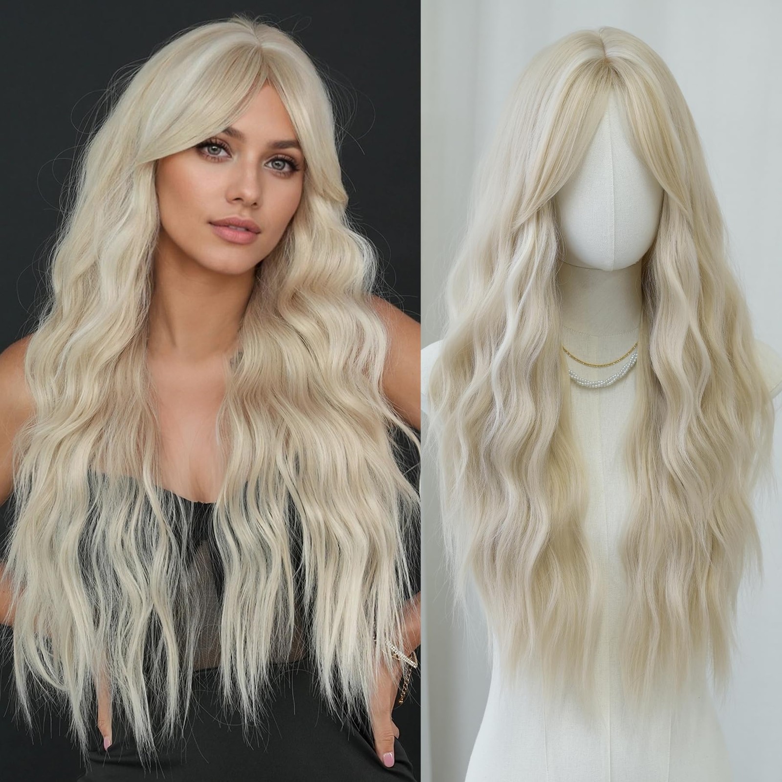 Long Wavy Ash Blonde Wig with Curtain Bangs Heat Resistant Fiber Layered Synt…