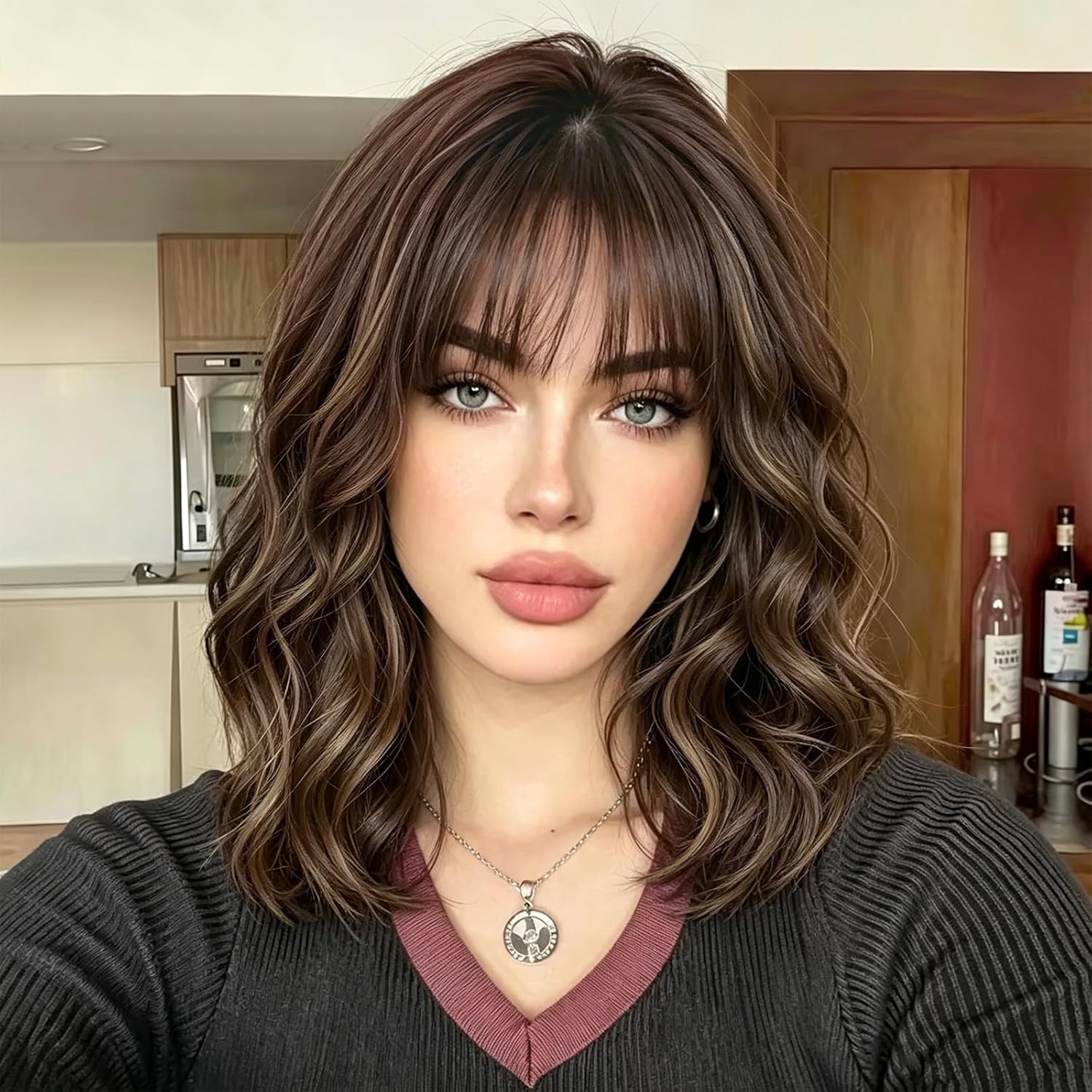 14inch Short Wavy Curly Bob Wig with Bangs Synthetic Hair for Women Black Brown