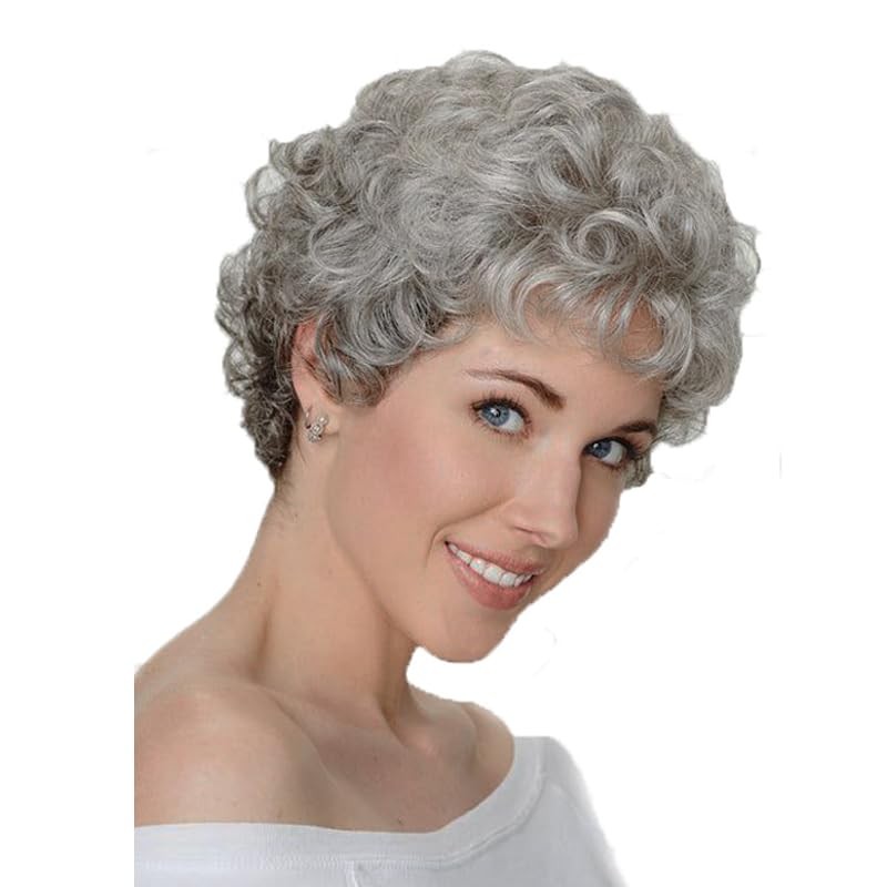 Short Fluffy Grey Wigs for Women Natural Looking Synthetic Short Curly Cospla…