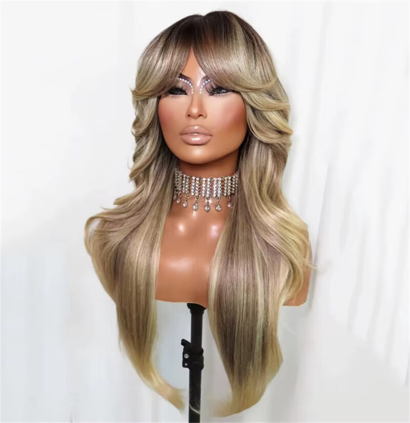 Ash Blonde Wig with Bangs Honey Blonde Balayage Human Hair 13×4 Lace Front Wigs