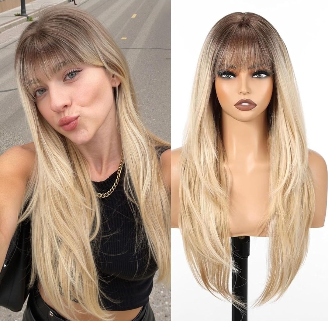 Long Ash Blonde Ombre Full Wig Human Hair blend layers bangs Free Part