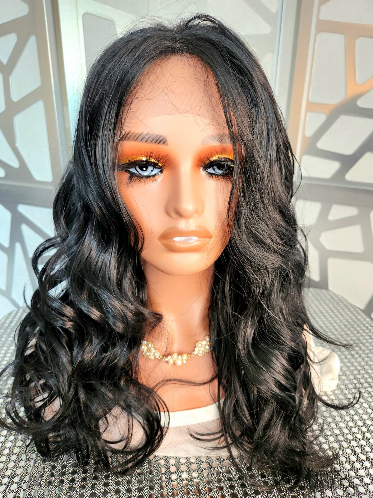 Curly Black Wig Human Blend Loose Wave Free Parting 13×4 Lace Front Wig Glueless