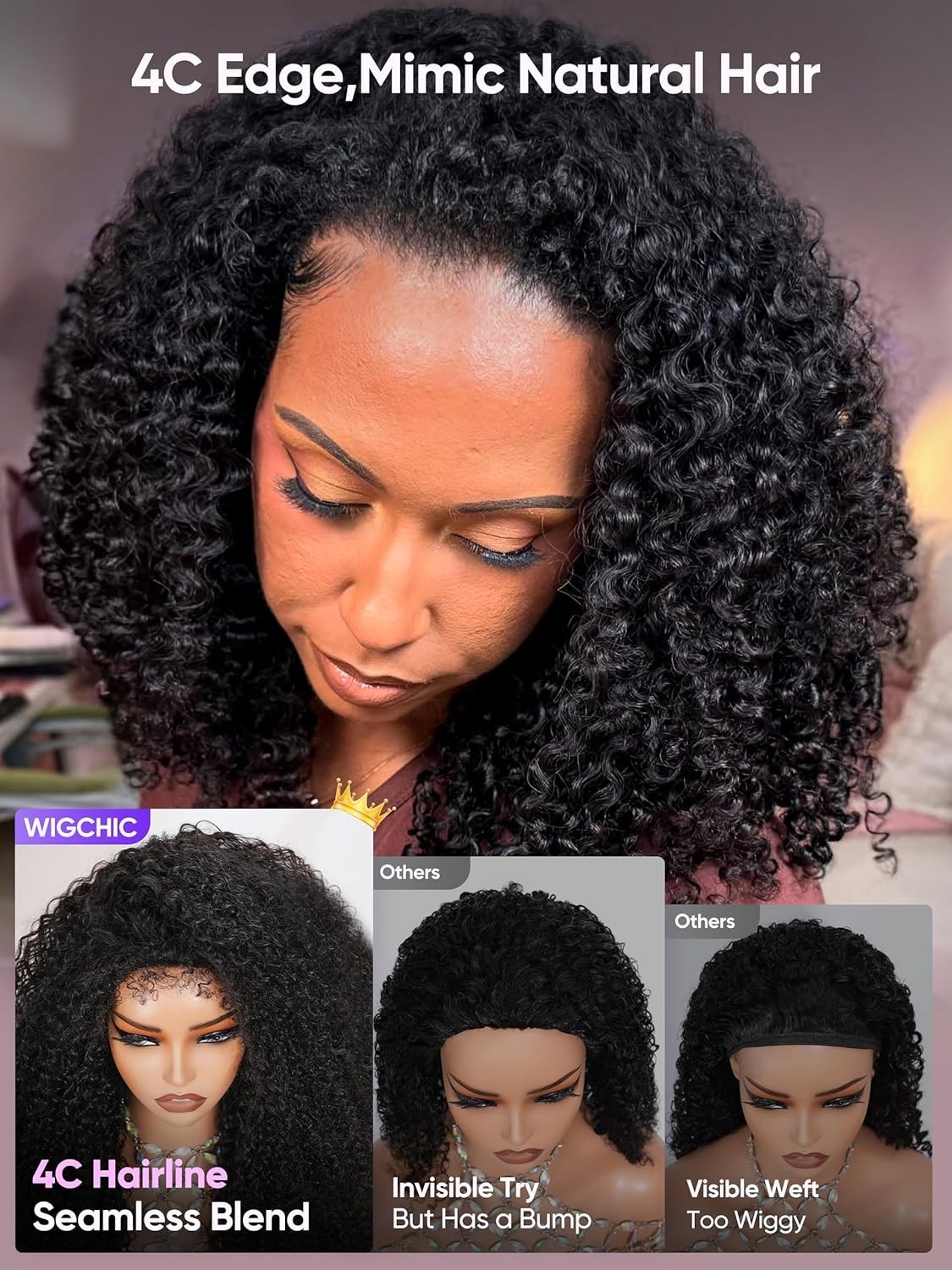Kinky Curly Half Wig Virgin Human Hair, Seamless 4C Edges, Flip Over Drawstring