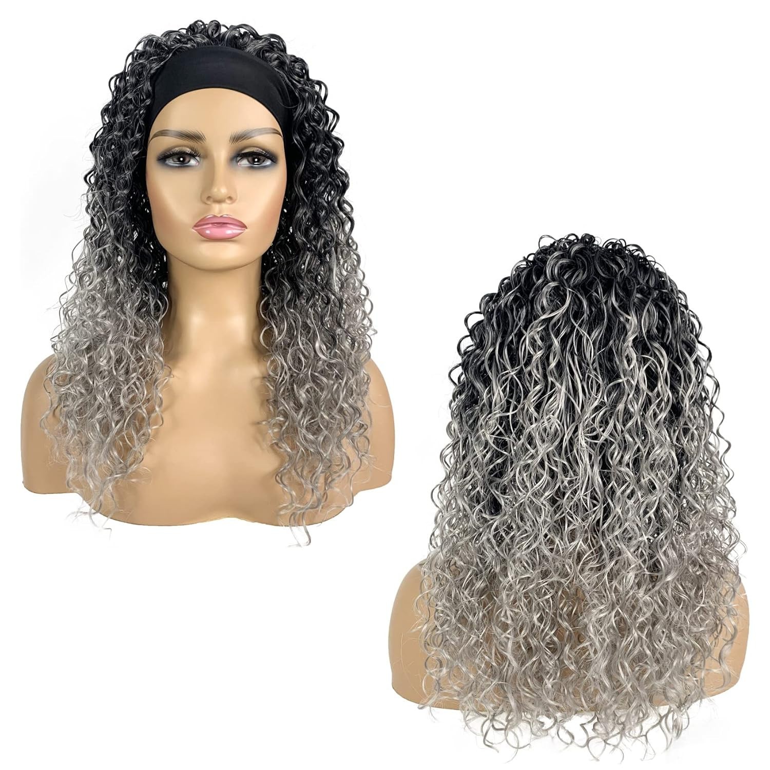 Headband Wig Deep Wave 20 Inch T1B/Gray black women machine made synthetic