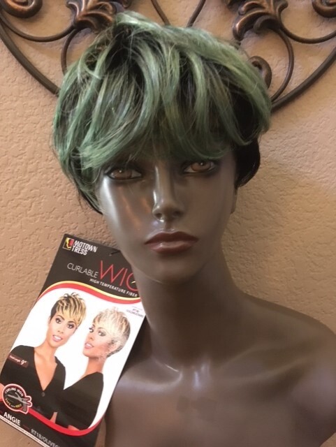 Motown Tress Synthetic Short Wig w/Highlight. Item ANGIE COLOR#RT1B/OLIVE GREEN.