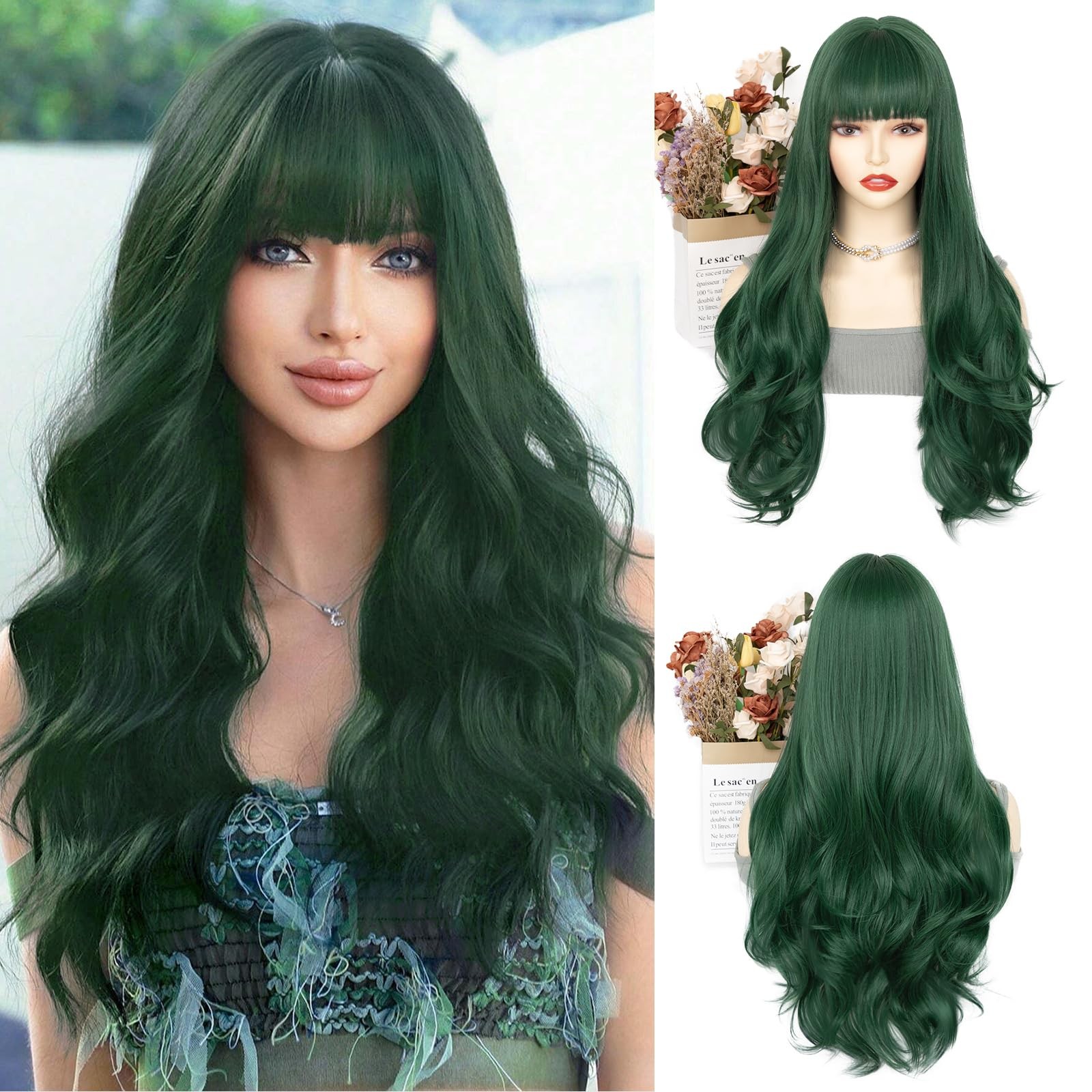 Dark Green Wig With Bangs, 26 Inch Long Natural Looking Hair for Women, Middl…