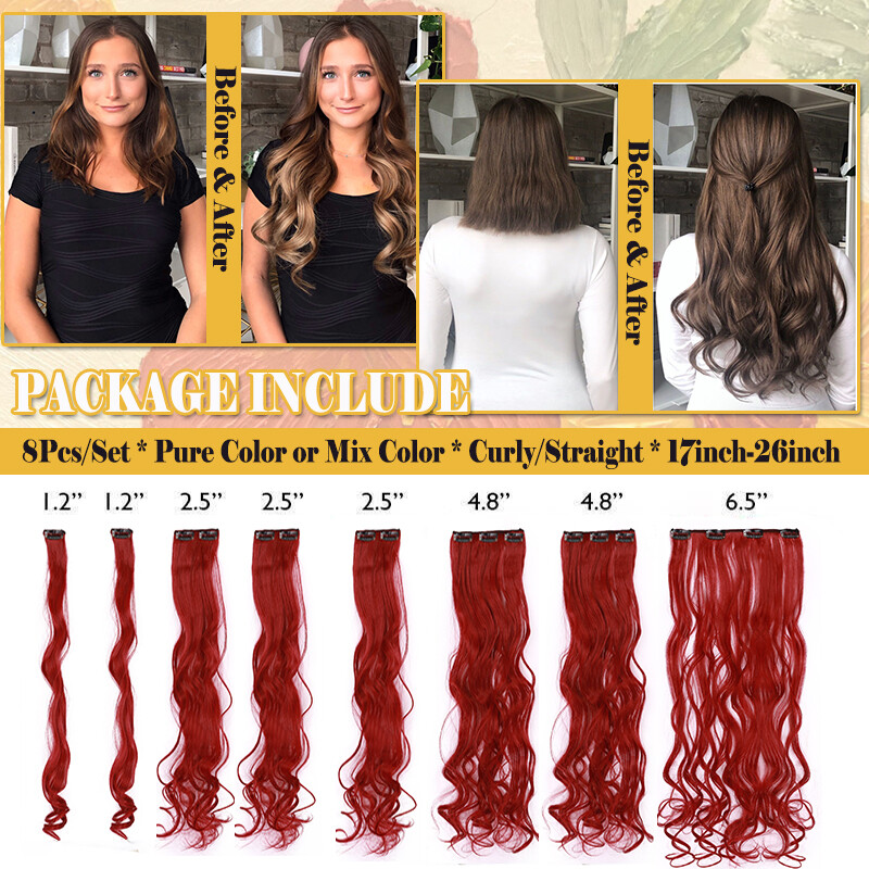 8Pcs 18 Clips Full Head Clip-In Hair Extensions Hairpiece 17-26” Curly Straight