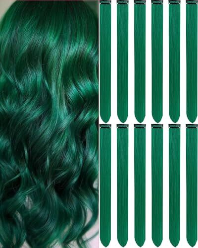 20 Inch Colored Green Hair Extensions Party Highlights 12 PCS-Dark Green