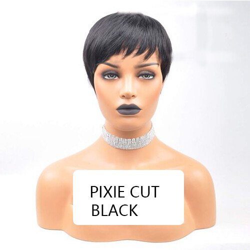 100% Human Hair Straight Short Pixie Cut Black Wig Machine Made Daily New