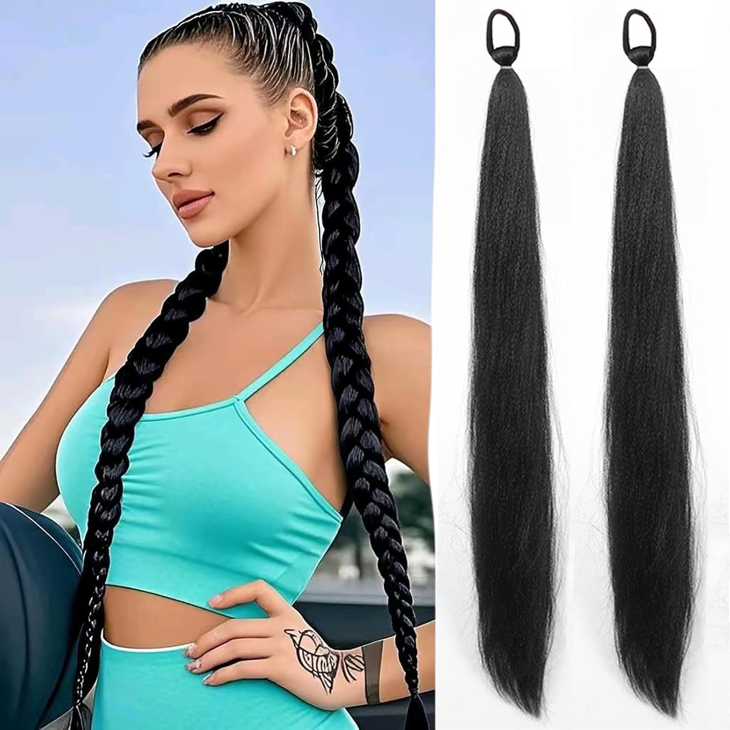 2 Pack Black Ponytail Extension with Elastic Tie, Braid Hair Extensions, Crazy H