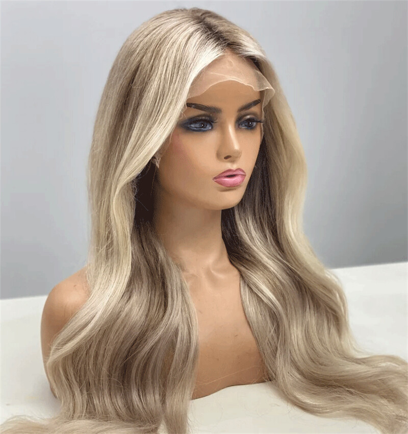 Balayage Ash Blonde Lace Front Wig Ombre Platinum Blonde Highlights Remy Hair