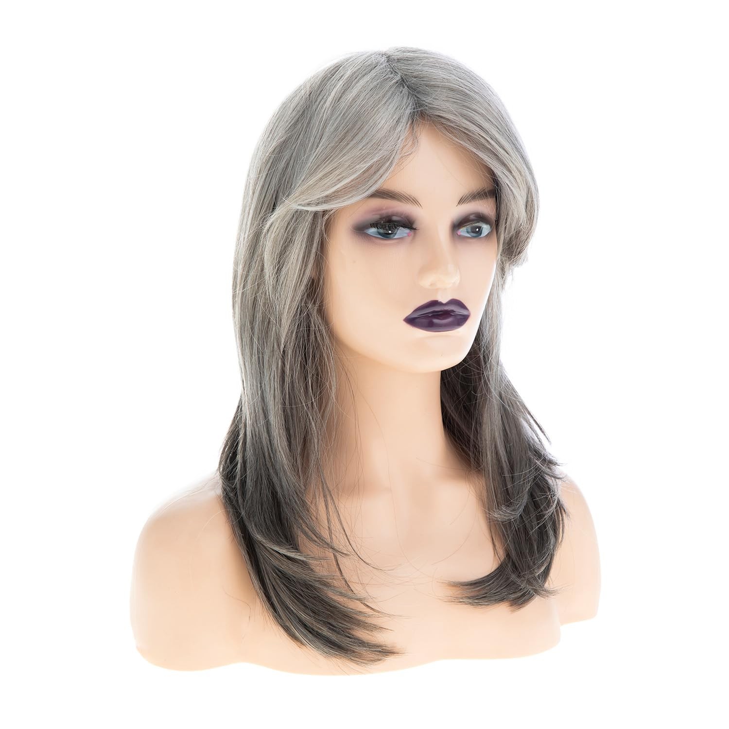 Womens Long Straight Grey Layered Synthetic Hair Wigs with Bangs