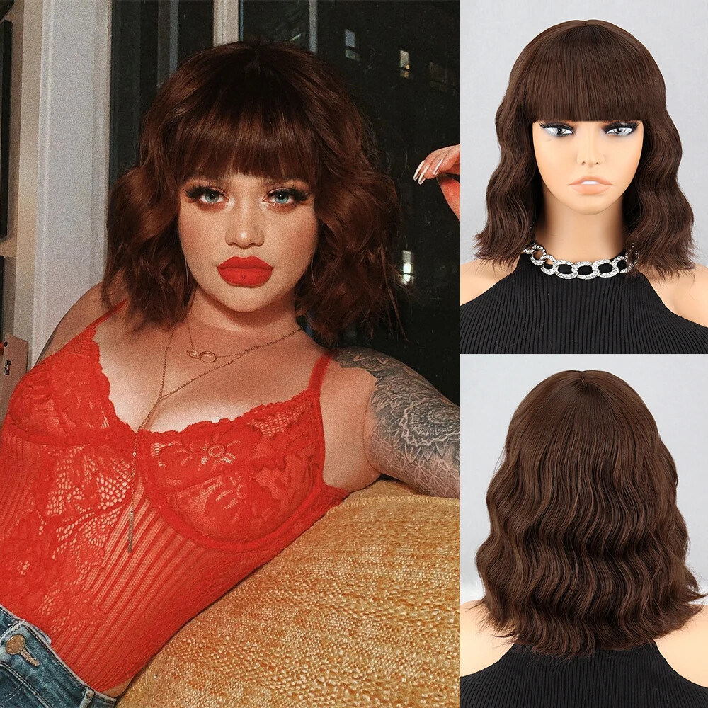 New Short Brown Synthetic Wig Women’s Bangs Dark Blue Pink Black Wig Party Use
