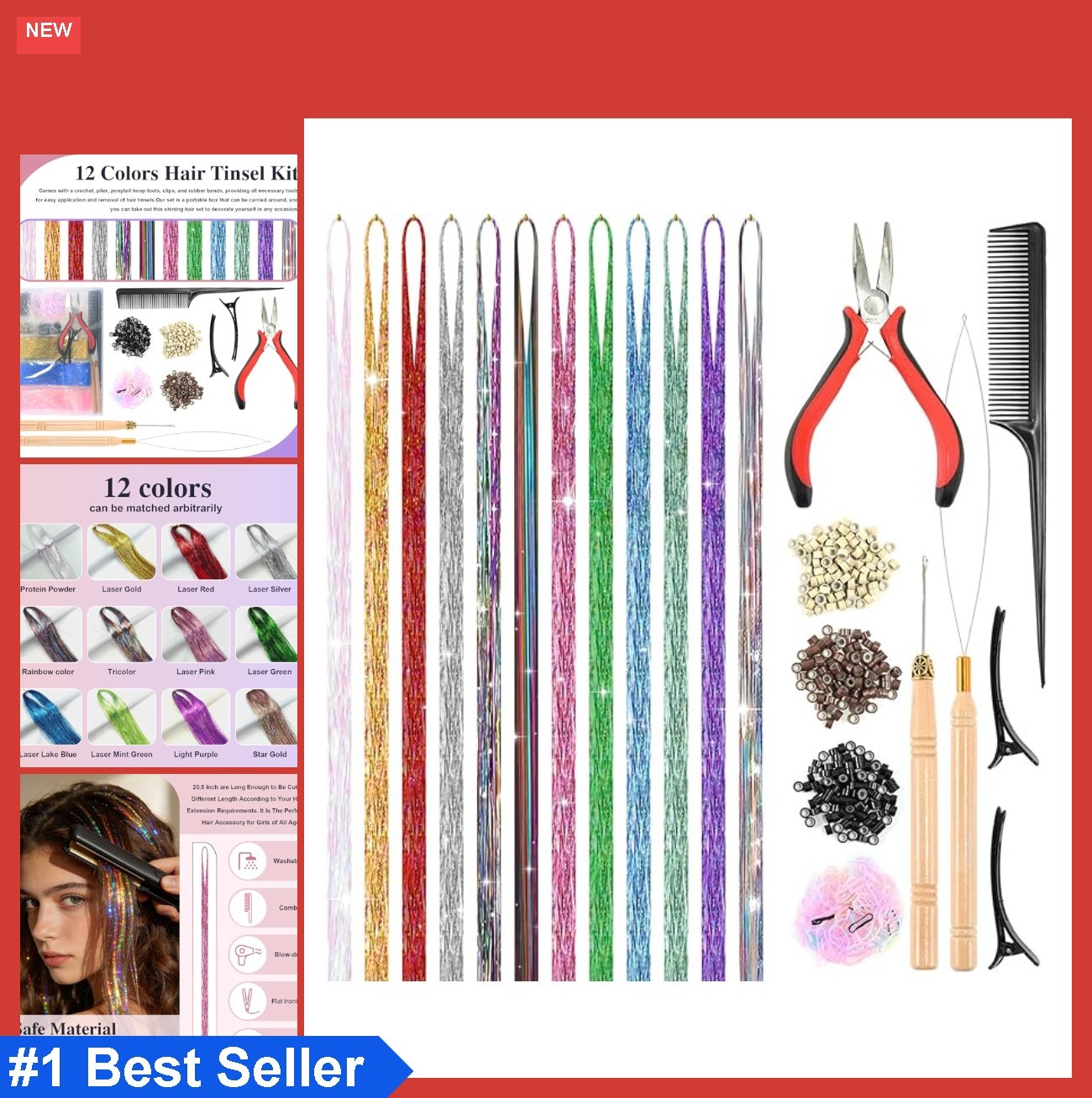 Hair Tinsel 48 Inch 12 Colors 3600 Strands Glitter Shiny Sparkle Extensions