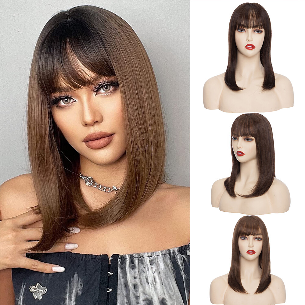 1PCS Ombre Brown Wigs for Women Fashion Shoulder Length Wigs Daily Cosplay Use