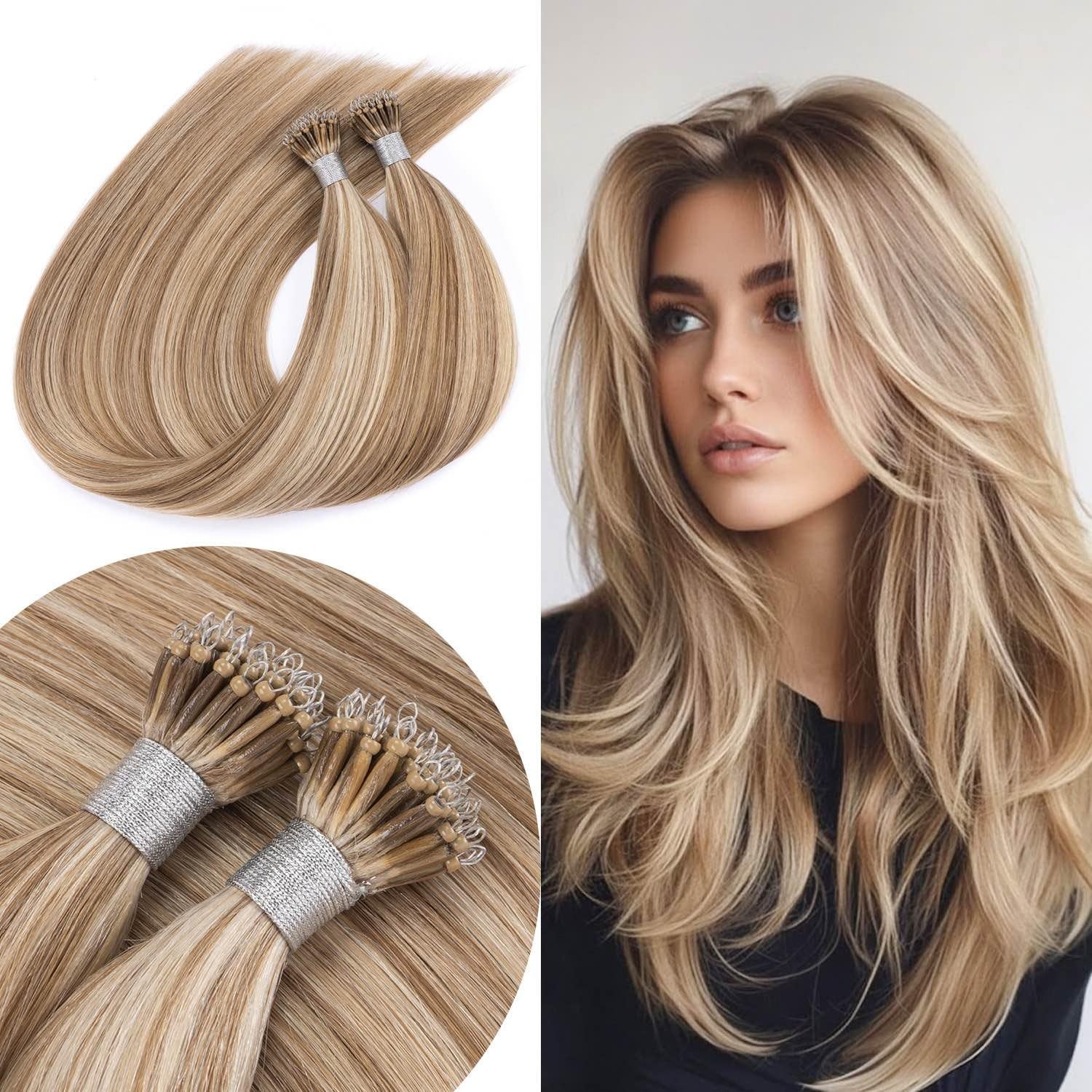 Senmy Nano Hair Extensions Human Hair Blonde 22Inch Light Brown Mix Blonde Nano
